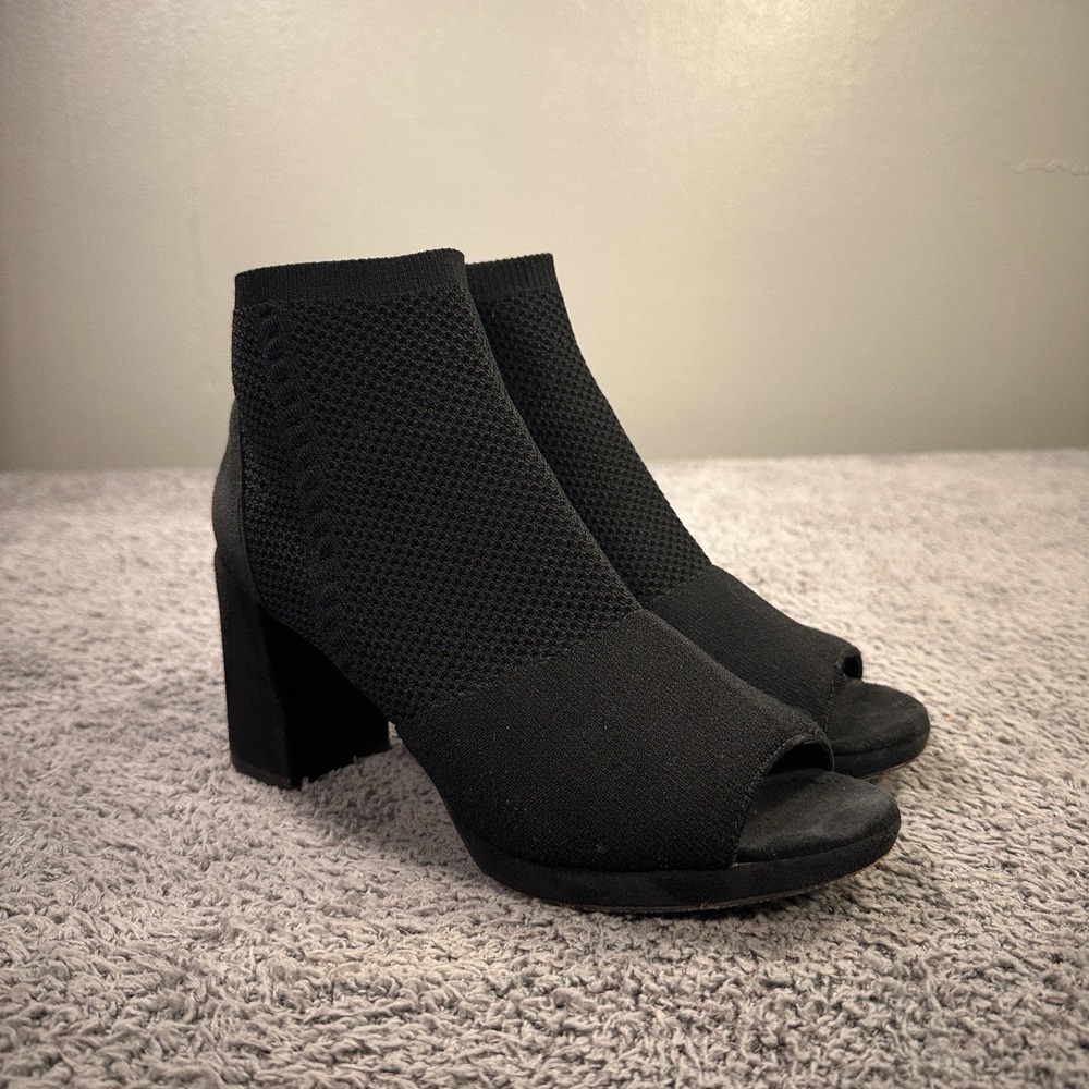 Eileen Fisher Croft Booties Womens 7.5 Black Knit Peep Toe Suede Block‎ Heel